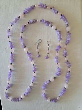 Amethyst Rose Quartz Chip Bead Long Strand Necklace & Dangle Earrings Set